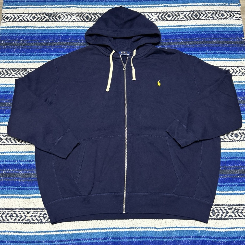 Polo Ralph Lauren Men's 3XB Navy Blue Full Zip Hoodie Yellow Pony Logo
